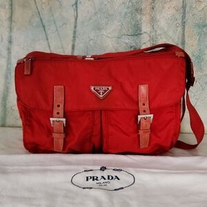 Prada Tessuto Nylon Saffiano Messenger Bag Red